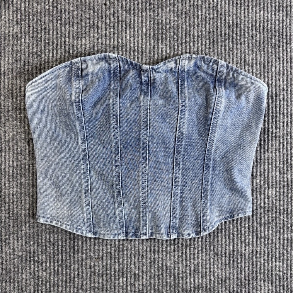 PRETTYLITTLETHING Y2K vibes Blue Denim Boned Corset Top Strapless‎ Zip US 6